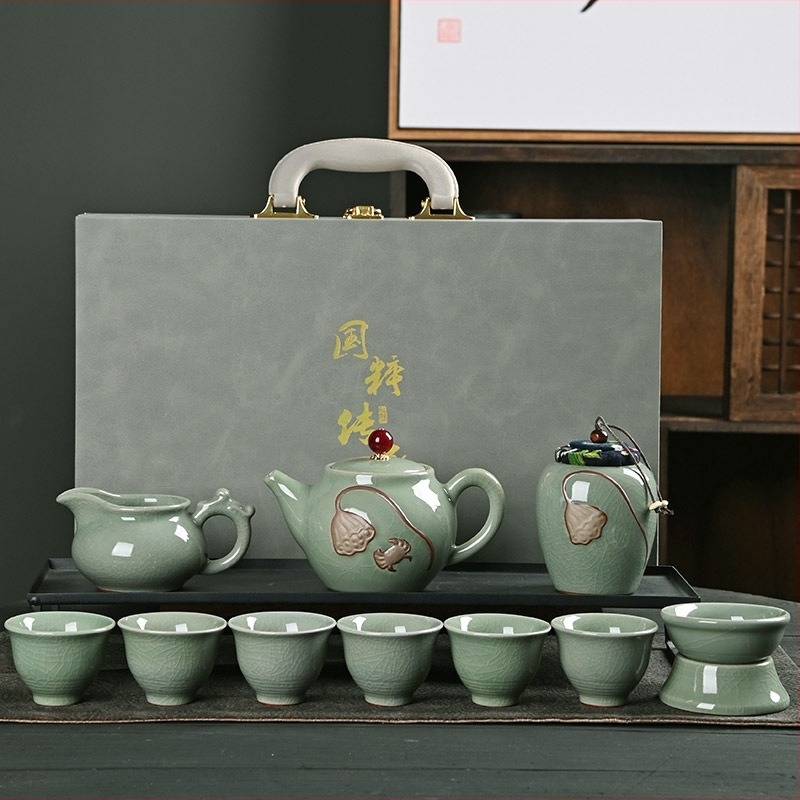 Kung-Fu teás készlet porcelánból, otthoni használatra, ajándékdobozban – teljes, luxus üzleti ajándékkészlet