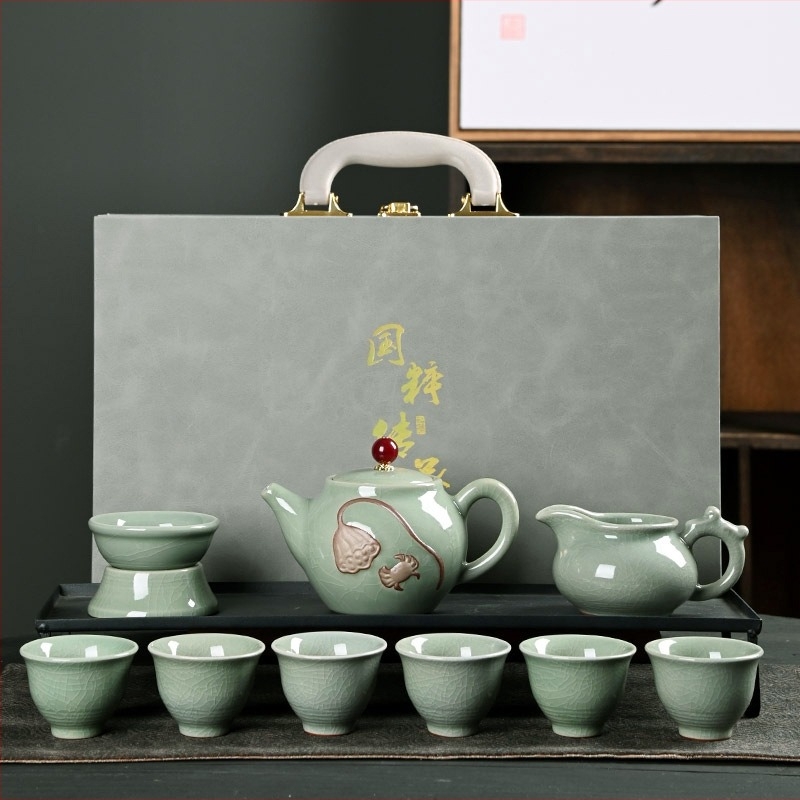 Kung-Fu teás készlet porcelánból, otthoni használatra, ajándékdobozban – teljes, luxus üzleti ajándékkészlet