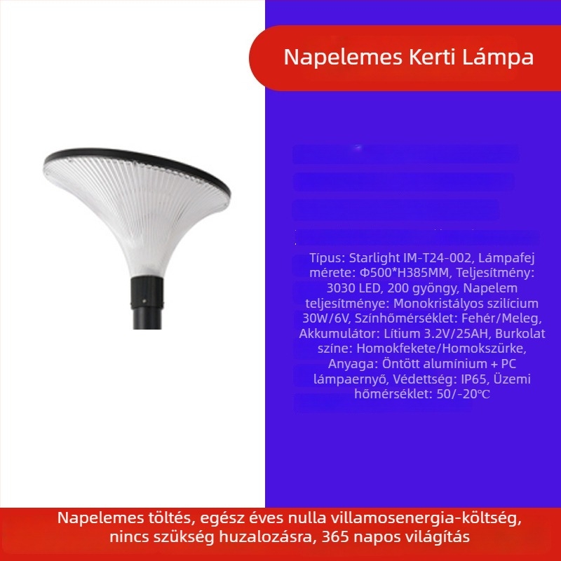 Napelemes kertvilágítás kültéri, 3 m magas oszlop, IP65 vízálló