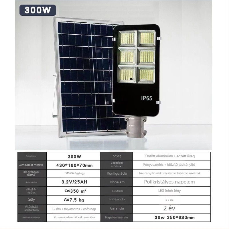 6-paneles napelemes utcai LED lámpa, vidéki kerthez, IP67, 100W