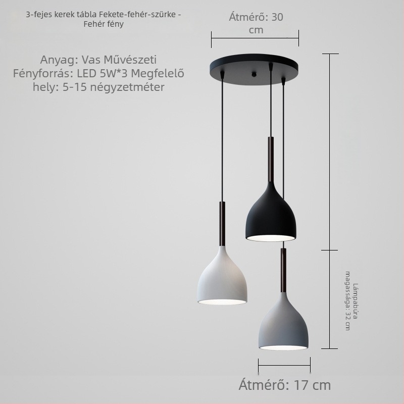 Skandináv étkezői csillár, háromfejű, modern minimalista kör alakú koronglámpa, fekete-fehér-szürke