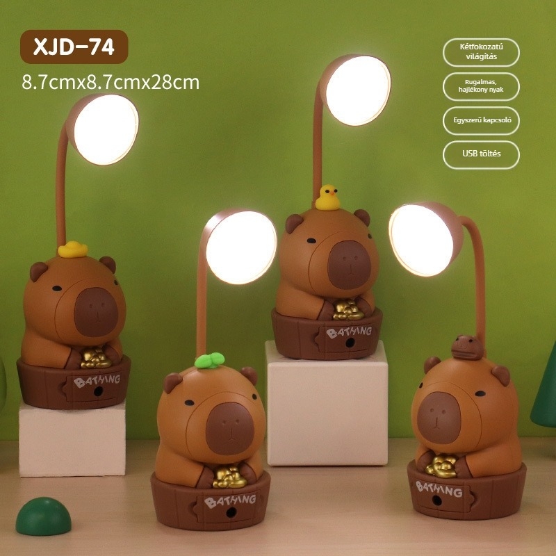 Capybara rajzfigura USB LED asztali lámpa, újratölthető éjszakai fény, beépített ceruzahegyező