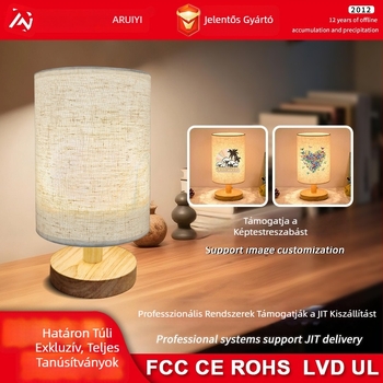 USB-vel működő tömörfa asztali lámpa textil bevonattal, hálószoba, éjjeliszekrény, tanulás és kollégium számára; testreszabható LED éjszakai fény