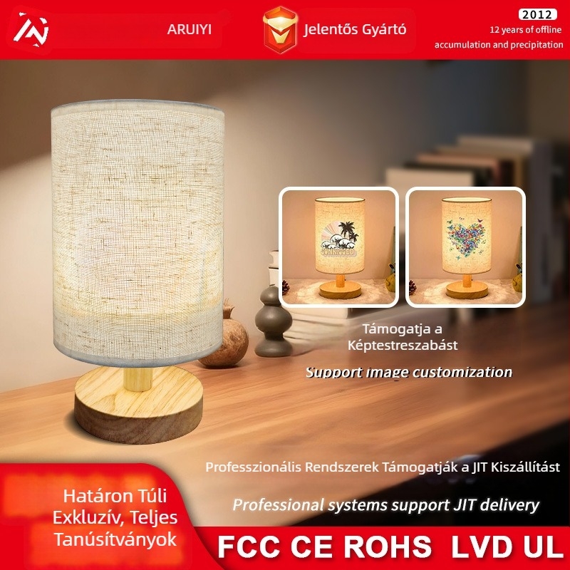 USB-vel működő tömörfa asztali lámpa textil bevonattal, hálószoba, éjjeliszekrény, tanulás és kollégium számára; testreszabható LED éjszakai fény