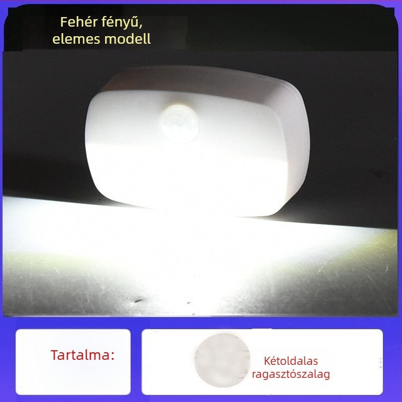 LED mozgásérzékelős éjszakai fény, akkumulátoros, éjjeliszekrényhez, folyosóra, hálószobába és szekrénybe