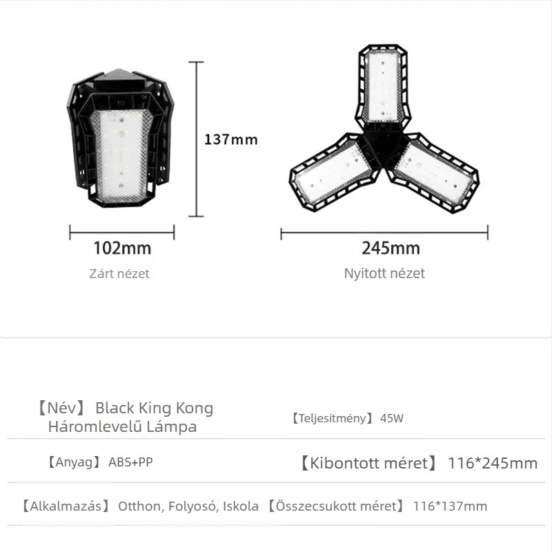 LED garázs lámpa E27-es foglalattal, IP65, 110V, 4000 lm, 180° fénysugár, CRI 70-80, műanyag ház, élettartam 500000 h