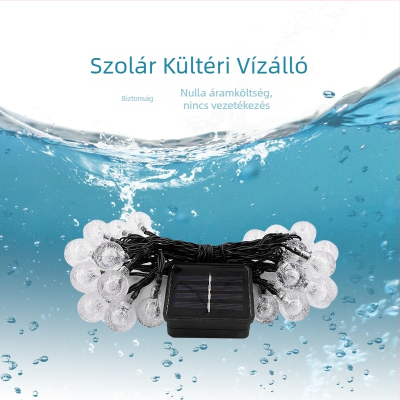 Napelemes LED gömb alakú füzér, kültéri dekoratív világítás, IP55 vízálló