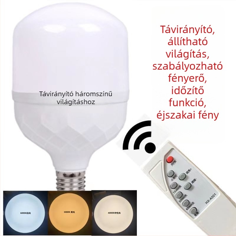 LED izzó távirányítóval, E27 foglalat, éjszakai fény, energiatakarékos lámpa, időzítő