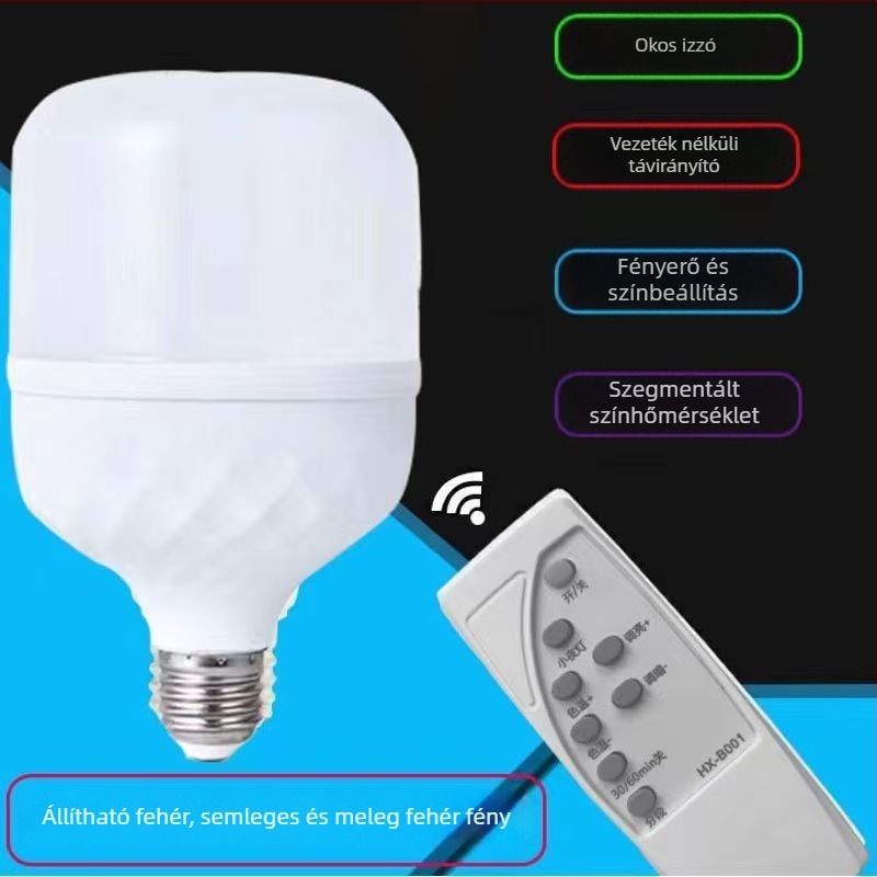 LED izzó távirányítóval, E27 foglalat, éjszakai fény, energiatakarékos lámpa, időzítő