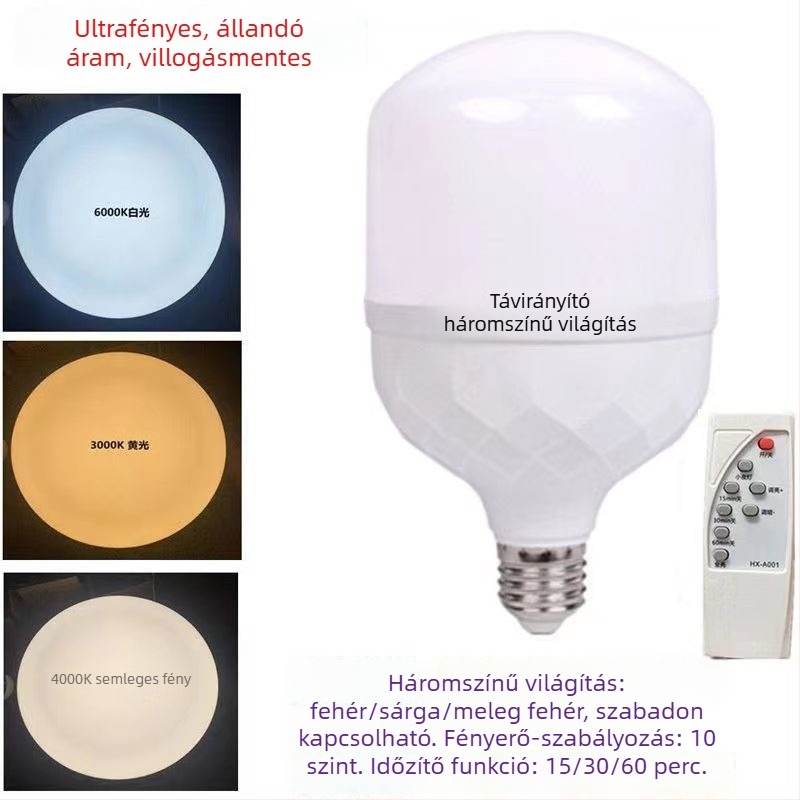 LED izzó távirányítóval, E27 foglalat, éjszakai fény, energiatakarékos lámpa, időzítő
