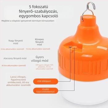 Kültéri újratölthető LED vészvilágító izzó, vízálló, USB töltés, 180° fénysugár, foglalat B22