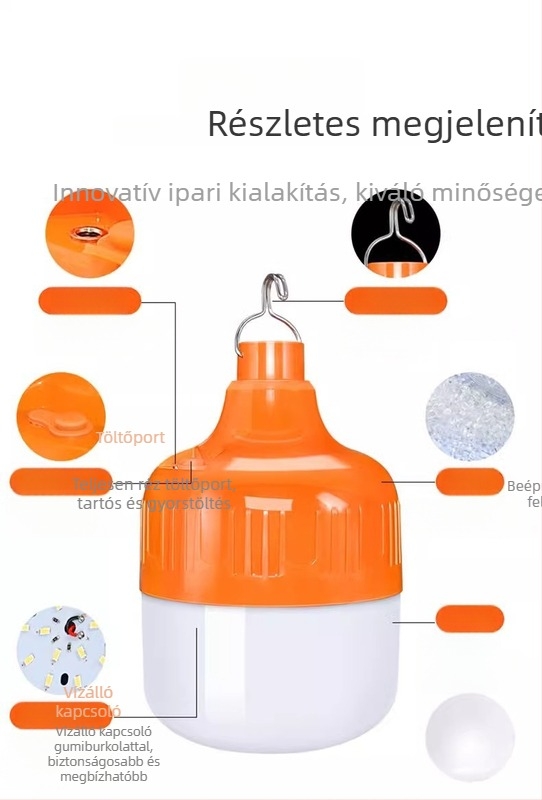 Kültéri újratölthető LED vészvilágító izzó, vízálló, USB töltés, 180° fénysugár, foglalat B22