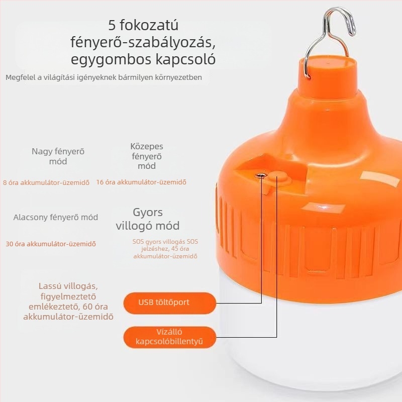 Kültéri újratölthető LED vészvilágító izzó, vízálló, USB töltés, 180° fénysugár, foglalat B22