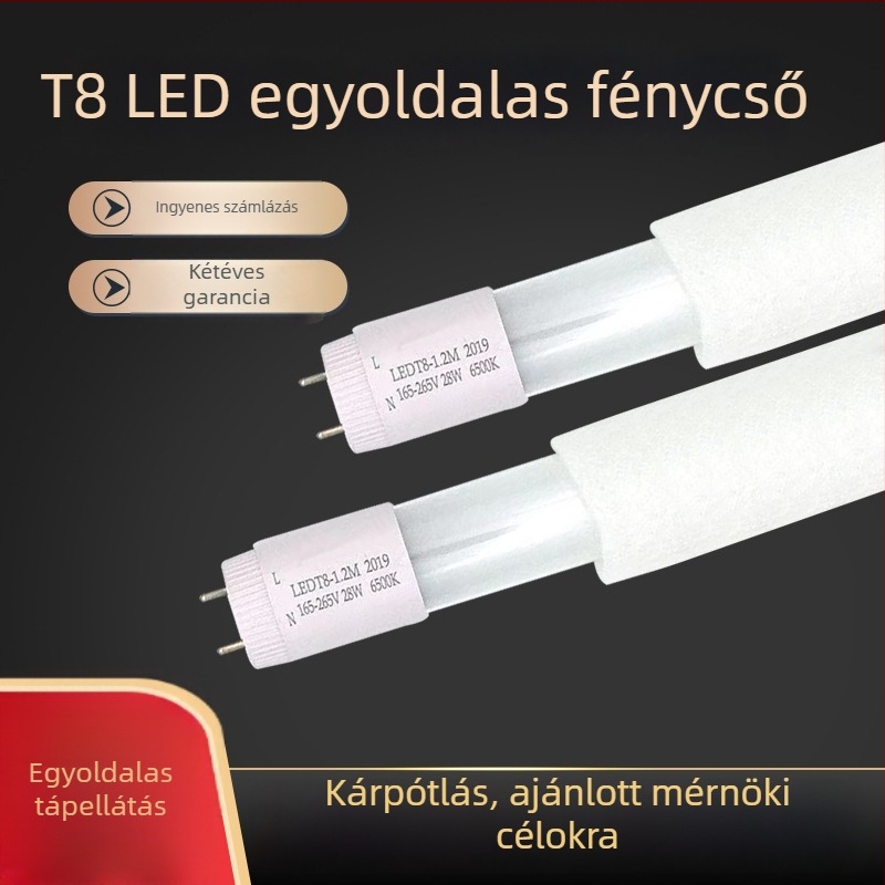 T8 LED cső, egyoldali tápellátás, 1.2 m, 18 W, üvegcsík, nappali világítás, nagy fényerő