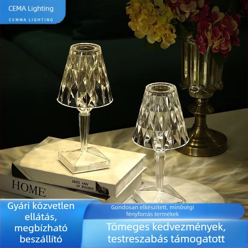 Modern, minimalist érintéses asztali lámpa gyémántkristály rózsa, hangulatvilágítás, háromszínű fényerő-szabályozás