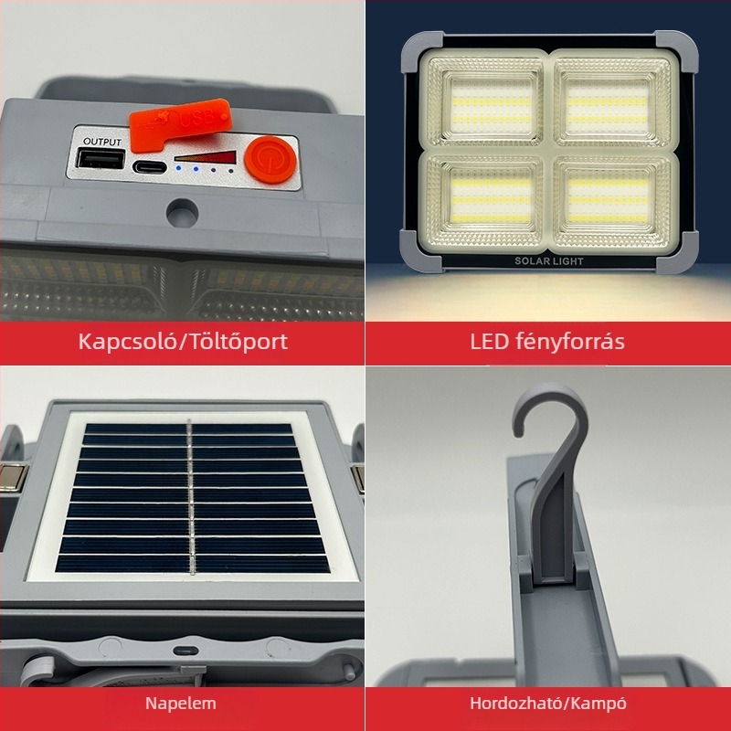200W-os napelemes kültéri reflektor, ultranagy fényerő, Power Bank funkcióval és vészvilágítással kültéri használatra