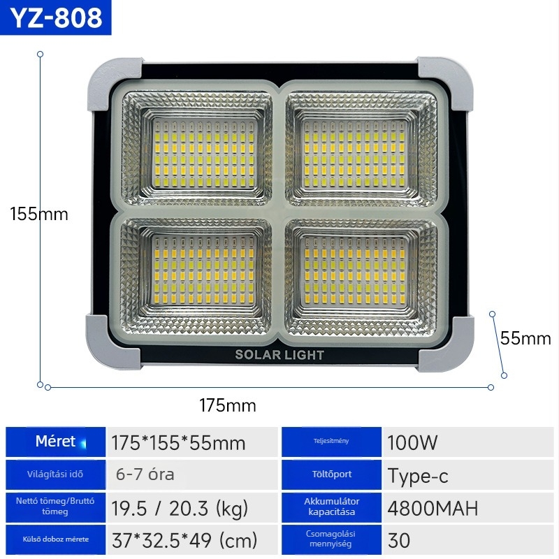 200W-os napelemes kültéri reflektor, ultranagy fényerő, Power Bank funkcióval és vészvilágítással kültéri használatra