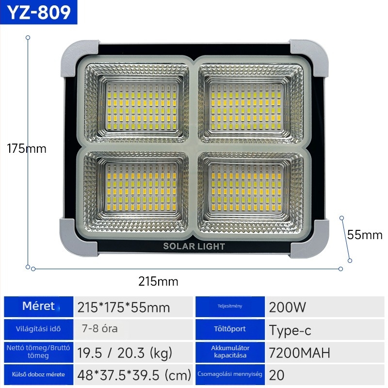 200W-os napelemes kültéri reflektor, ultranagy fényerő, Power Bank funkcióval és vészvilágítással kültéri használatra