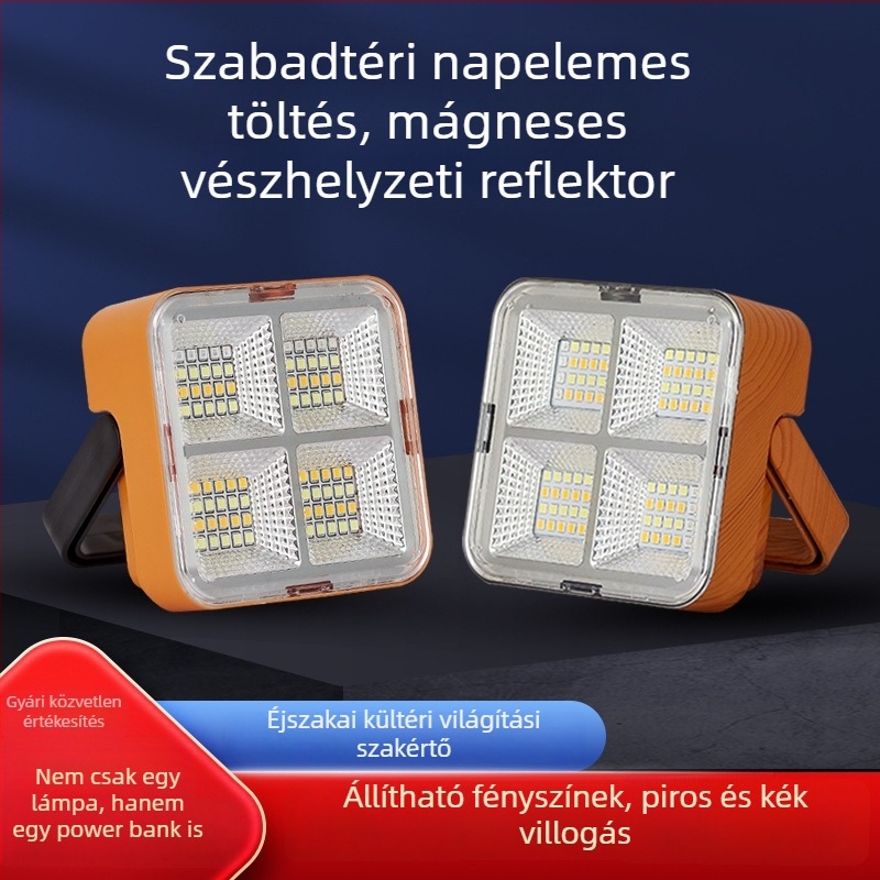 Szabadban használható napelemes világítás, kempinglámpa, mágneses vészvilágítás, reflektor, power bank, lítium akkumulátor, szuper fényes