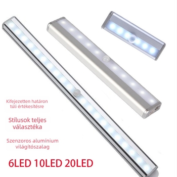Intelligens mozgásérzékelős szekrény LED világítás USB töltéssel, akkumulátoros működés, gardrób és folyosó