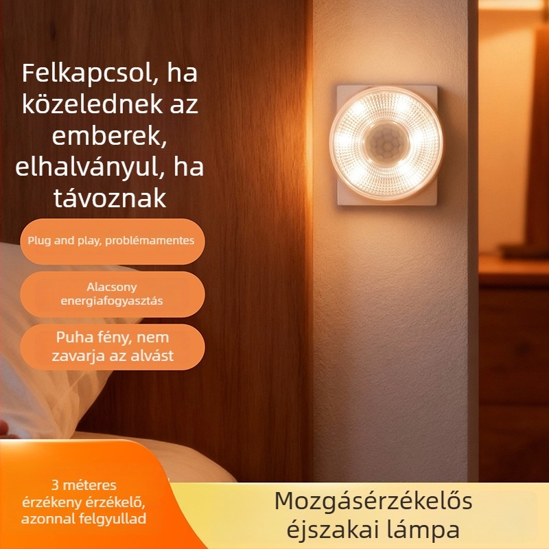LED éjjeli lámpa infravörös szenzorral, konnektoros, hálószoba és folyosó számára, modern minimalist dizájn, szabályozható fényerő