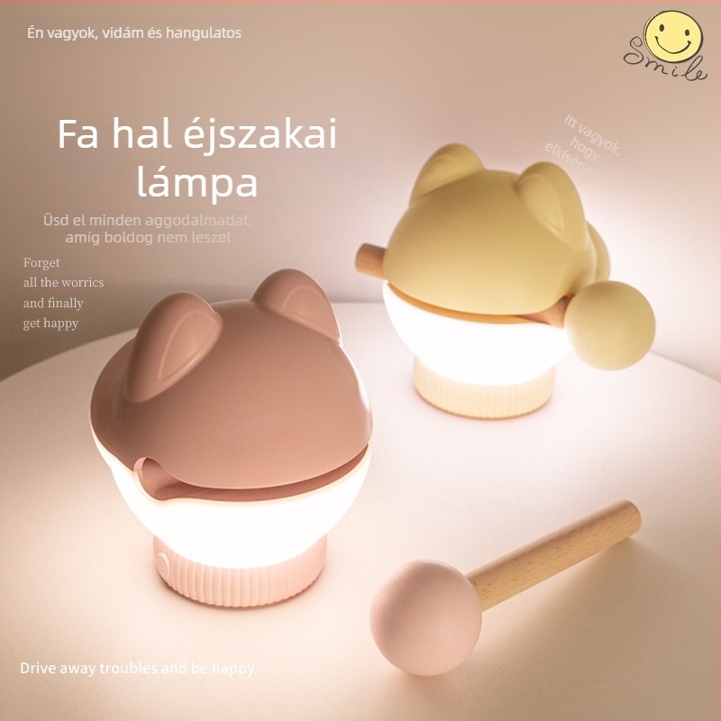 Fából készült hal a relaxációért – éjjeliszekrényre helyezhető dekor lámpa, érintésre aktiválódó, újratölthető, állítható LED fény