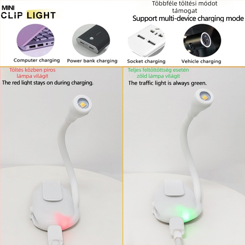 USB újratölthető klip-es asztali lámpa hosszú üzemidejű, három színhőmérséklet és fokozatmentes fényerő-szabályozás, LED mini könyvklips lámpa és éjjeli fény