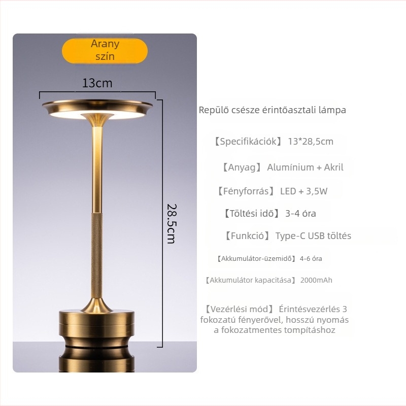 Syg td03bj-001 Fém LED érintéses asztali lámpa, háromszínű állítható hangulatvilágítással, beépített akkumulátor, USB-töltésű éjjeli fény
