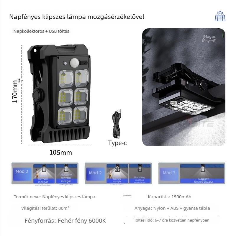 Napelemes LED klipsz lámpa kültérre, vízálló kert- és falivilág szenzorral