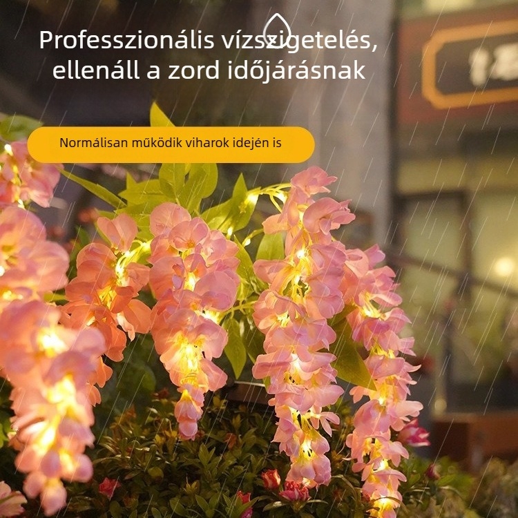Kültéri vízálló LED napelemes kertvilágítás glicinavirág formájú talajba szúrható lámpa, rozsdamentes acél hatású megjelenéssel