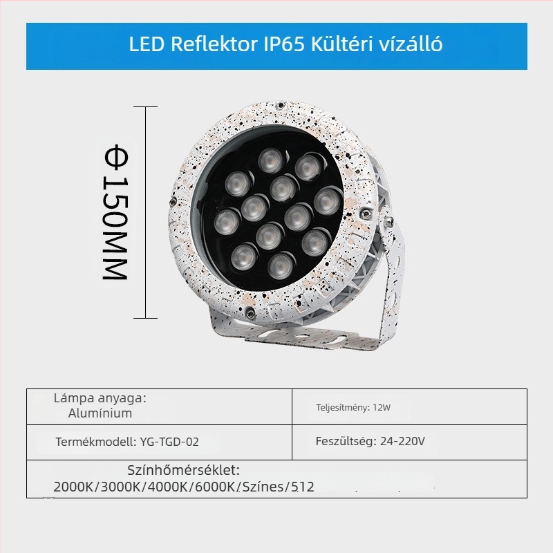YG-TGD-01 LED kültéri reflektor, vízálló kör alakú vetítőfény épületekhez, kertekhez és táj megvilágításához, IP65, 30-120° sugárzási szög, Ø180 mm, 24 LED