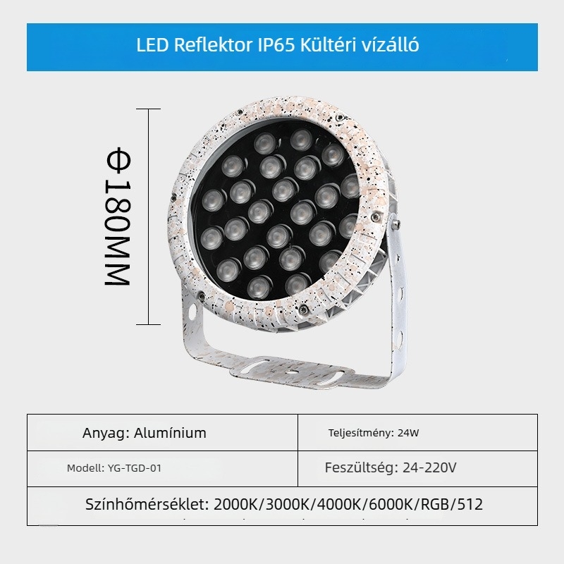 YG-TGD-01 LED kültéri reflektor, vízálló kör alakú vetítőfény épületekhez, kertekhez és táj megvilágításához, IP65, 30-120° sugárzási szög, Ø180 mm, 24 LED