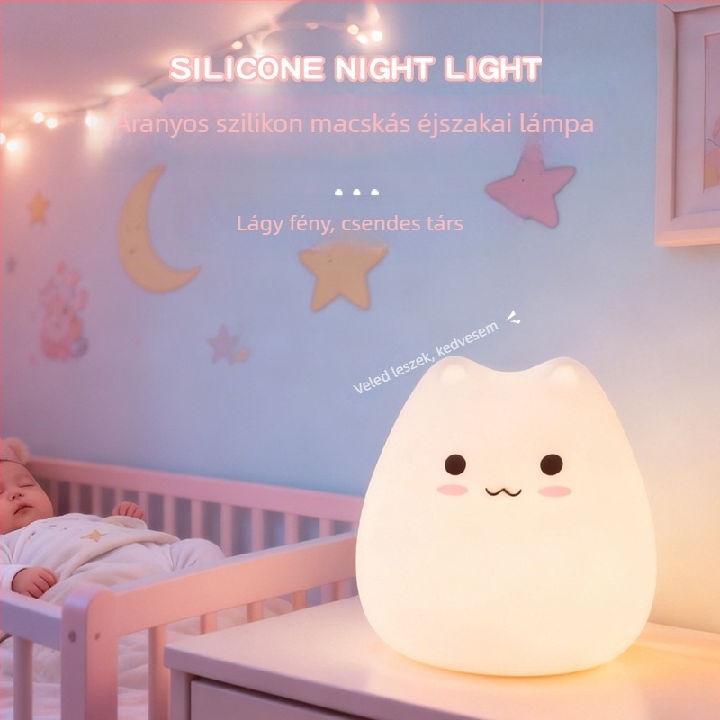 Szilikon macska alakú éjszakai lámpa, hálószobai éjjeli lámpa, szembarát ambient világítás, újratölthető