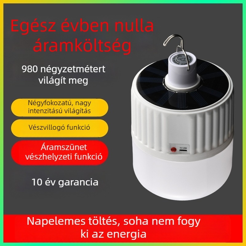 Napelemes, újratölthető LED izzólámpa kültéri kempingezéshez és vészvilágítás áramszünet esetén