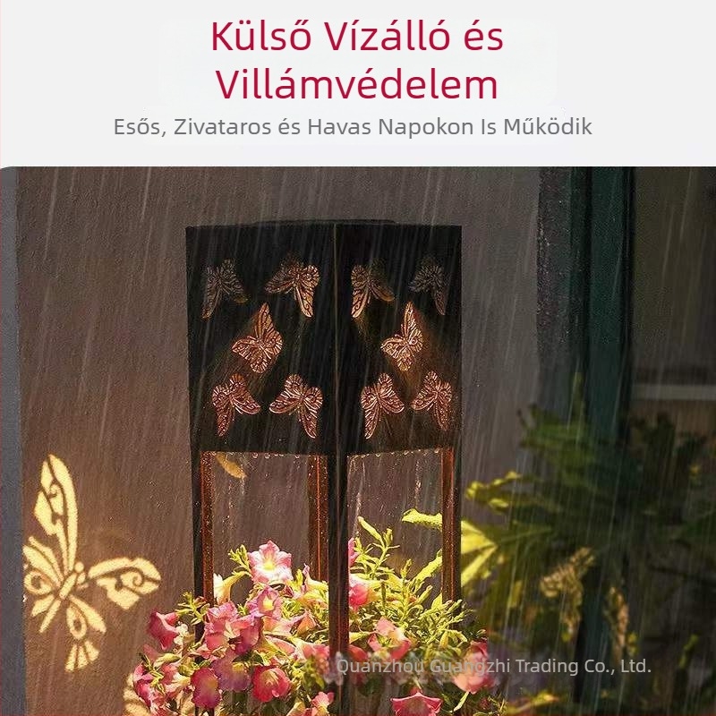Napelemes kültéri LED fények, vízállóak, színesek – pillangó és dragonfly motívummal, kertdekoráció virágtartóra
