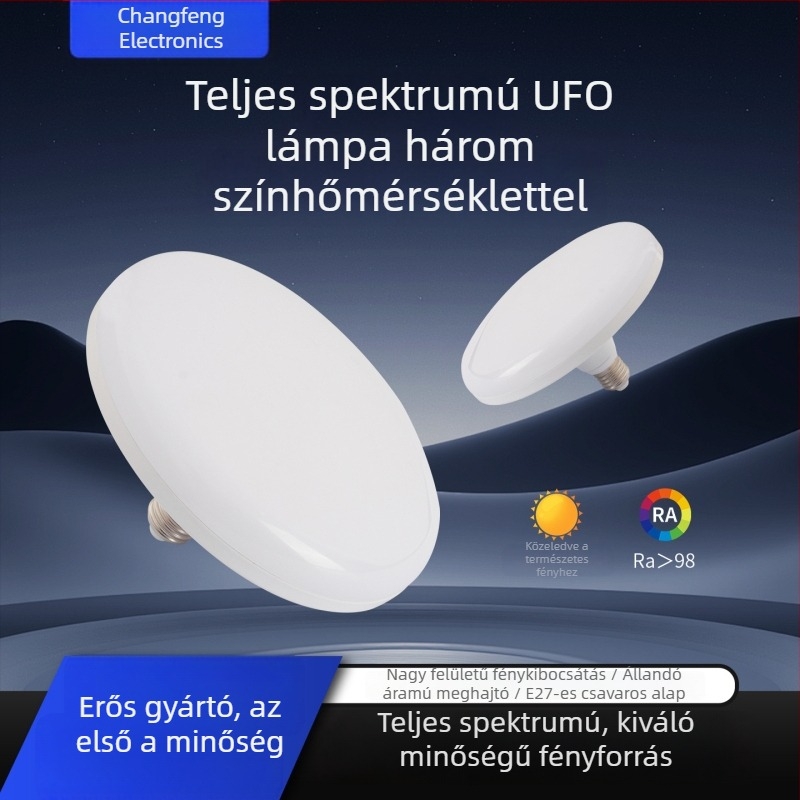 Teljes spektrumú LED UFO lámpa, három színhőmérséklet, nagy fényerő, energiatakarékos, szemkímélő, mennyezet-lámpa E27-es foglalattal