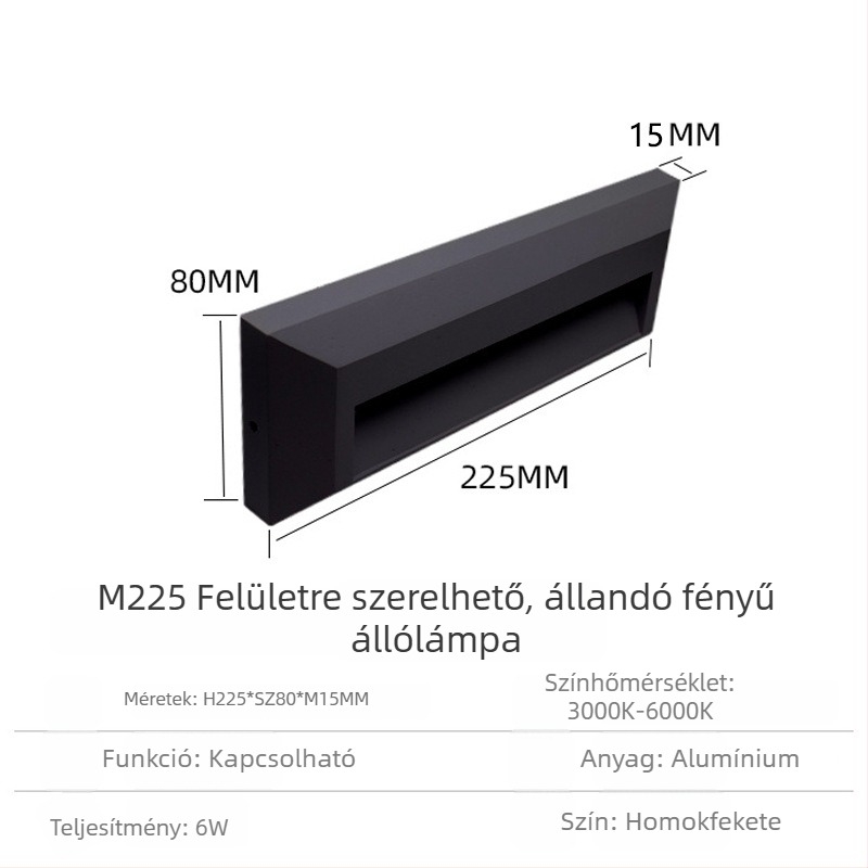 LED beépített sávos falikar kültéri lépcsők és folyosók számára, 24 LED-del, 3000K melegfehér, IP65 vízálló, alumínium ház, 220V, méretek 225×80×15 mm