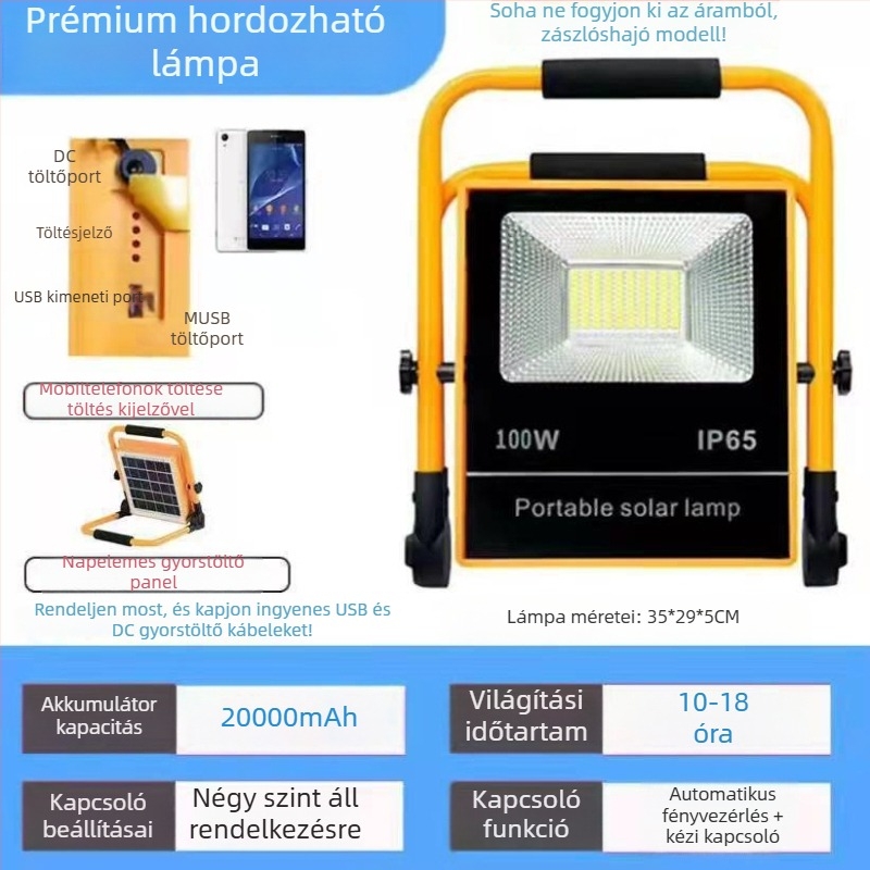 LED újratölthető reflektorfény, kültéri vészvilágítás, IP65, 60W, hordozható kempinghez és munkahelyekre