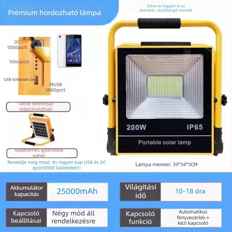 LED újratölthető reflektorfény, kültéri vészvilágítás, IP65, 60W, hordozható kempinghez és munkahelyekre