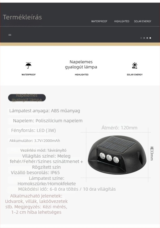 Napelemes járdavilágítás, IP65 vízálló LED a lépcsők és kert számára, 360 lm, meleg fehér