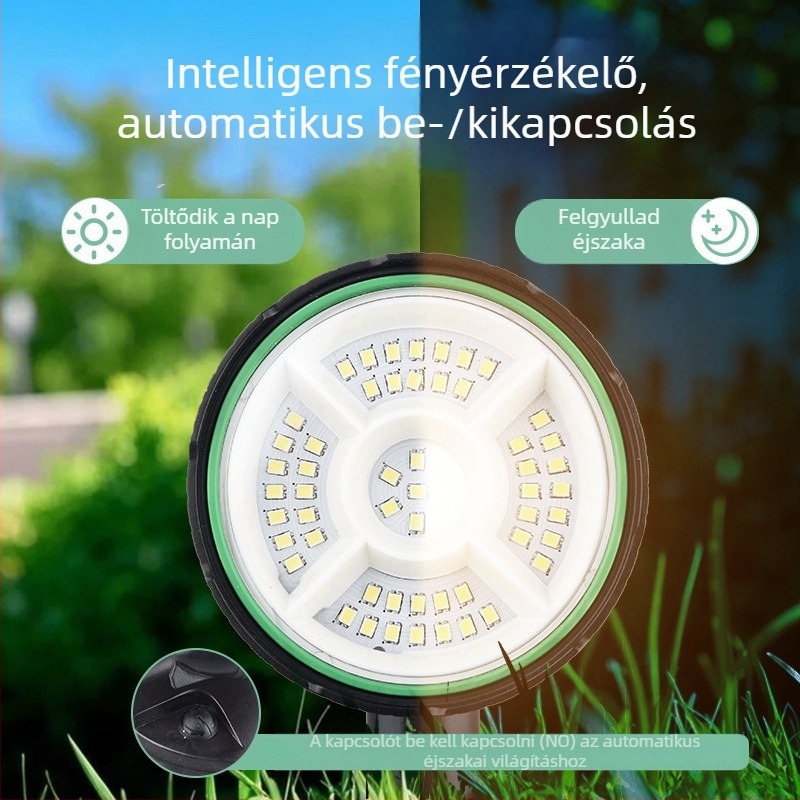 Napelemes kültéri gyepvilágítás talajba szúrható kivitelben, több színű kertvilágító reflektor fáknál és tájképeknél, automatikus bekapcsolás sötétedéskor