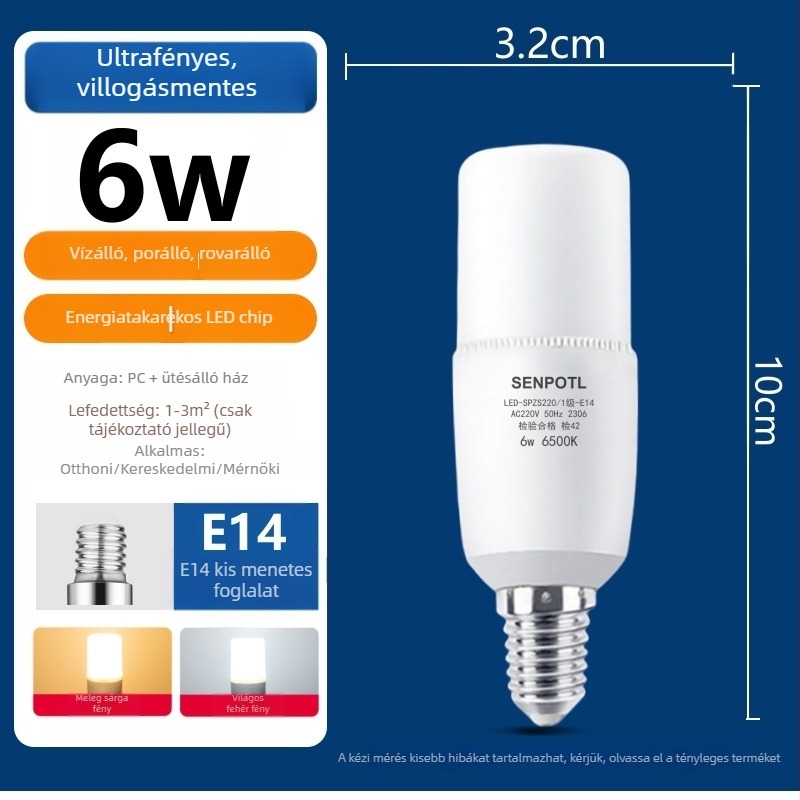 LED izzó otthoni használatra, E14-es spirál alapú, kis menetes foglalat, ultranagy fényerő, sárga fény a szem védelméért