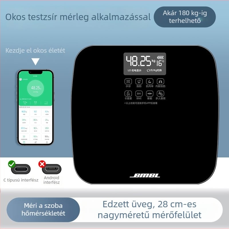 Shengzhi testzsírszámla, testzsír- és nedvességméréssel, üveg felületű, 280 mm