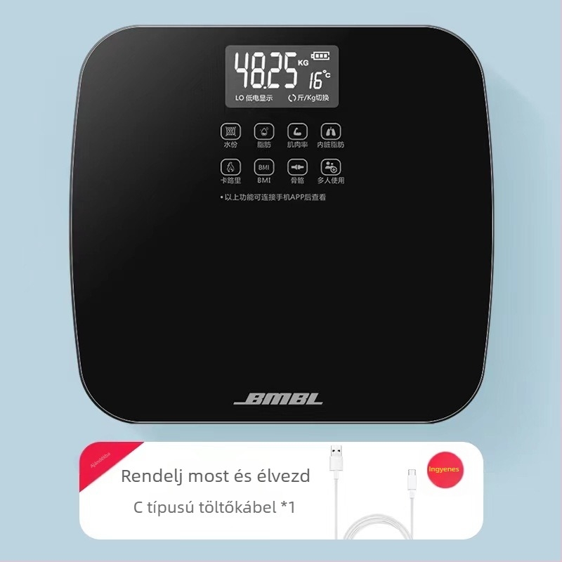 Shengzhi testzsírszámla, testzsír- és nedvességméréssel, üveg felületű, 280 mm