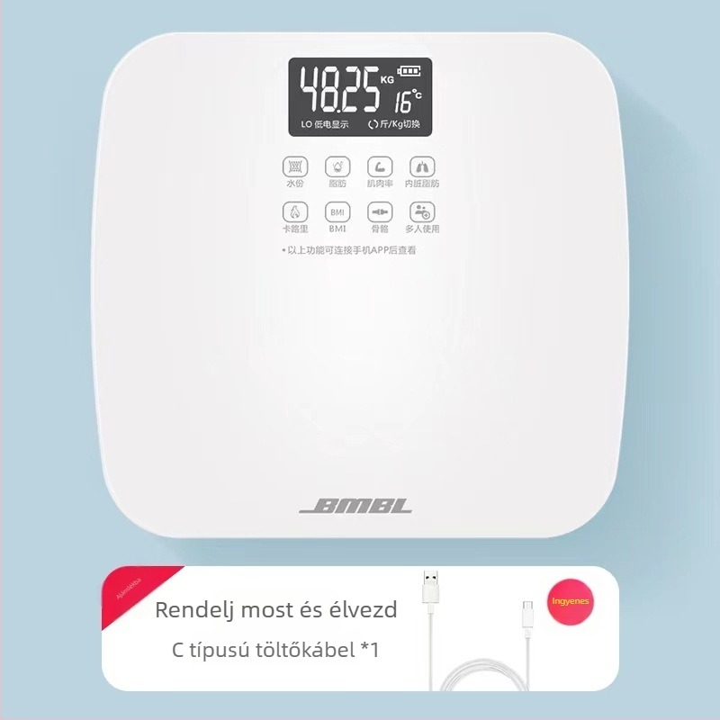 Shengzhi testzsírszámla, testzsír- és nedvességméréssel, üveg felületű, 280 mm