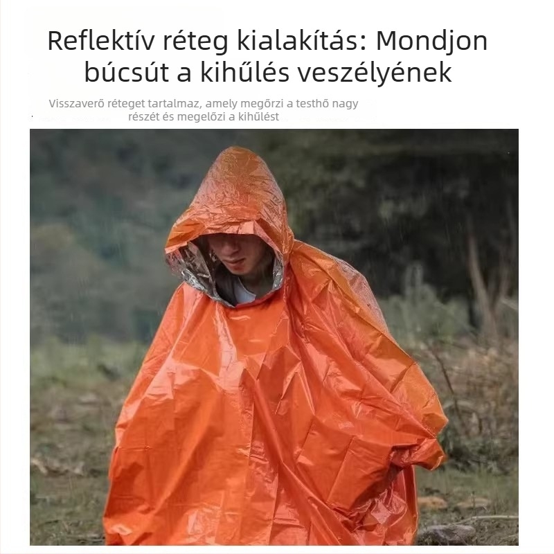 Hordozható alumíniumfóliás túlélő esőköpeny kültéri használatra: hipotermia elleni védelem és a hideg ellen, kempingezéshez és hegymászáshoz; sürgősségi hőszigetelő takaró