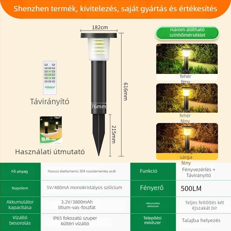 Napelemes gyeplámpa, kültéri vízálló, tájvilágítás kerthez és udvarhoz