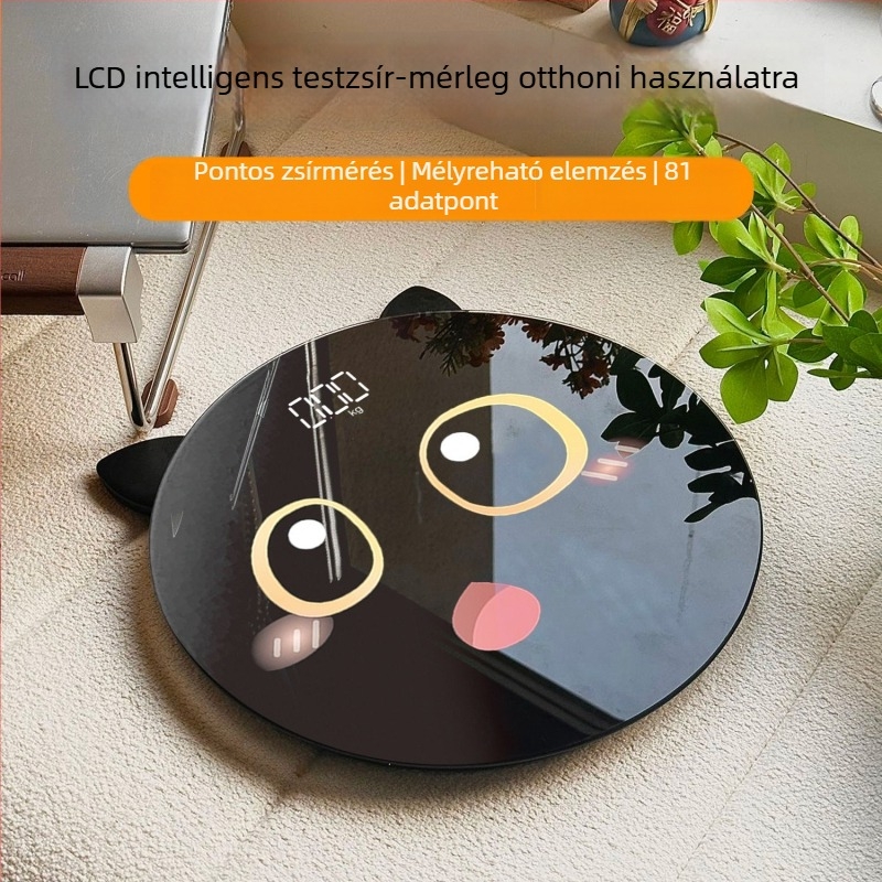 Kompakt, pontos és strapabíró családi elektronikus mérleg; kollégiumi szobához illeszkedik; karikatúraszerű test alakja; újratölthető egészségmérleg
