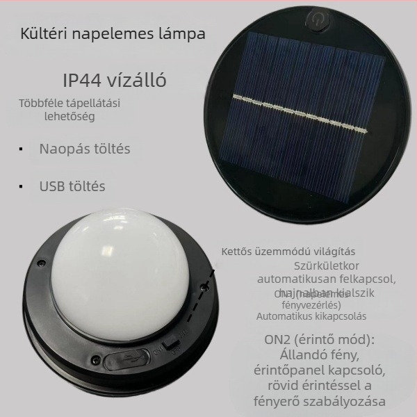 USB-töltésű kör alakú napelemes lámpa kültéri, vízálló LED világítás