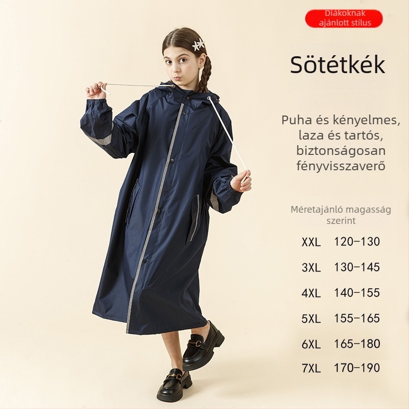 Gyerekeknek készült esőponcsó, vastagított és hosszabbított kivitel, teljes testvédő esőkabát, hely az iskolai táskának